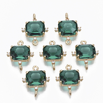 Glass Links connectors, with Brass Micro Pave Cubic Zirconia, Faceted, Cuboid, Light Gold, Dark Green, 17.5x14x5.5mm, Hole: 1.2mm
