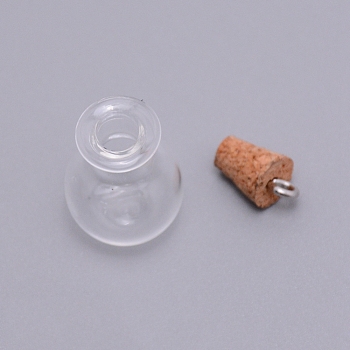 Empty Glass Wishing Bottle Pendants, with Cork Stopper and Platinum Iron Screw Eye Pin Peg, Round, Clear, 32.5x17mm, Hole: 2.5mm