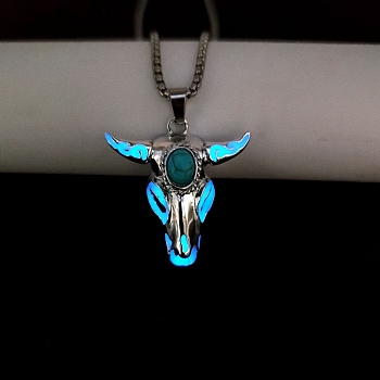 Alloy Ox Head Pendant Necklace with Stainless Steel Chains, Synthetic Turquoise Beaded Luminous Glow in the Dark Necklace, Blue, Pendant: 37x33mm