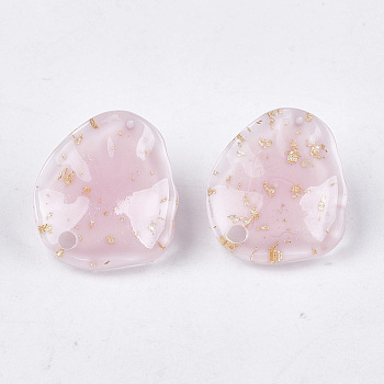 Resin Stud Earring Findings, with Gold Foil and Iron Pins, Teardrop, Pink, 18.5x16.5mm, Hole: 1.8mm, Pin: 0.7mm