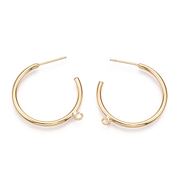 Brass Stud Earring Findings, Half Hoop Earrings, with Loop, Nickel Free, Real 18K Gold Plated, 32.5x29x2mm, Hole: 2mm, pin: 0.7mm