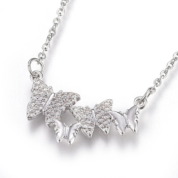 304 Stainless Steel Pendant Necklaces, with Cubic Zirconia, Butterfly, Clear, Stainless Steel Color, 18.6 inch(47.5cm), Pendant: 23.5x14.5x2.5mm