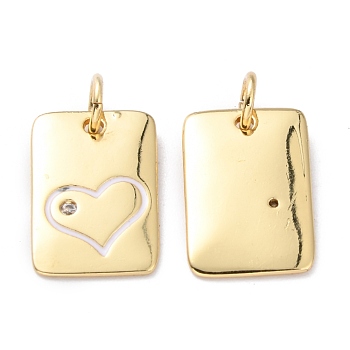 Brass Enamel Cubic Zirconia Pendants, Long-Lasting Plated, Rectangle, Real 18K Gold Plated, White, 15x10x1.5mm, Hole: 3.6mm