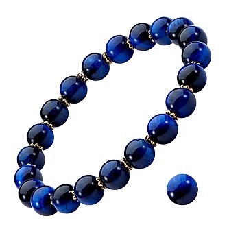 Natural Tiger Eye Round Beads Stretch Bracelet, Stone Bracelet with Alloy Daisy Spacer Beads for Women, Prussian Blue, Inner Diameter: 2 inch(5.2cm)