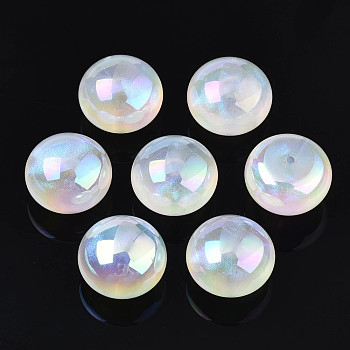 Opaque Acrylic Beads, AB Color Plated, with Glitter Powder, Half Drilled, Flat Round, White, 14x9mm, Hole: 1.2mm