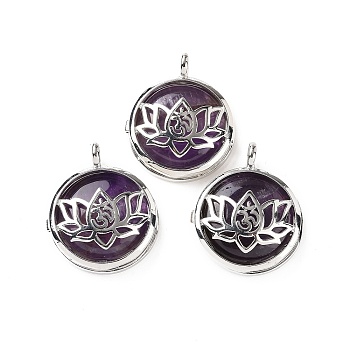Natural Amethyst Locket Pendants, Flat Round Charms, with Platinum Plated Brass Lotus Findings, 31.5x27x9mm, Hole: 4.6mm