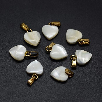 Shell Charms, with Brass Findings, Heart, Golden, 12~13x9~10x2~4mm, Hole: 2x5mm