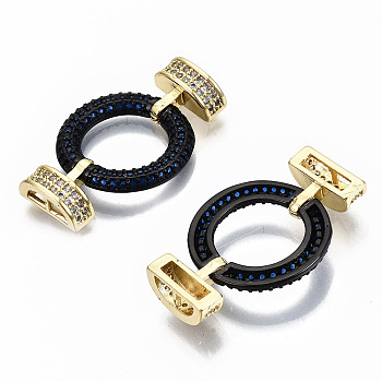 Brass Micro Pave Cubic Zirconia Links Connectors, Cadmium Free & Nickel Free & Lead Free, Real 16K Gold Plated, Ring, Royal Blue & Clear, 31mm