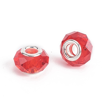Faceted Glass European Beads, Large Hole Beads, with Silver Tone Brass Core, Rondelle, Red, 13.5~14x8.5~9mm, Hole: 5mm