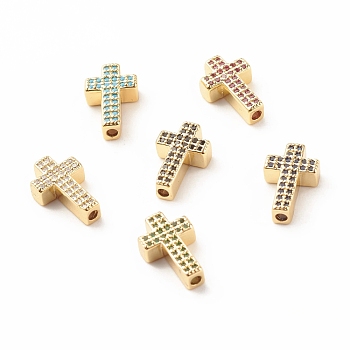 Rack Plating Brass Cubic Zirconia Beads, Cadmium Free & Lead Free, Real 18K Gold Plated, Cross, Mixed Color, 15x9x4mm, Hole: 1.7mm