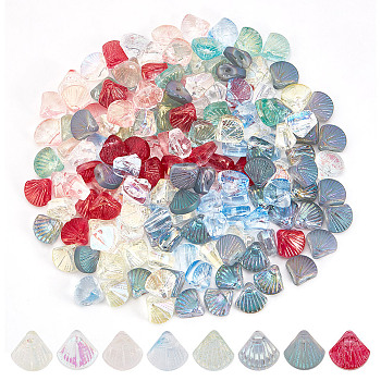 160Pcs 8 Style Transparent Spray Painted Glass Beads, Top Drilled Beads Sets, Scallop Shape, Mixed Color, 10x10.5x6mm, Hole: 1mm, 20pcs/style