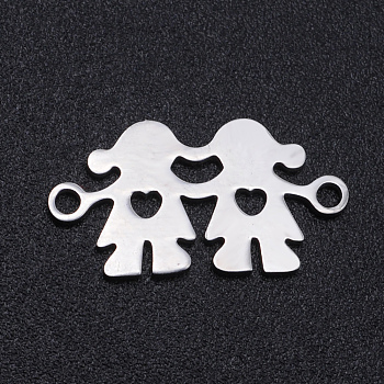 201 Stainless Steel Links connectors, Girl with Girl, Heart , Stainless Steel Color, 10x19x1mm, Hole: 1.5mm