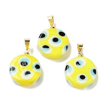 Handmade Evil Eye Lampwork Pendants, with Rack Plating Brass Findings, Long-Lasting Plated, Lead Free & Cadmium Free, Flat Round, Yellow, 19.5x16x6mm, Hole: 4.2x3.8mm