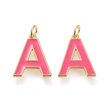 Brass Enamel Pendants, with Jump Ring, Long-Lasting Plated, Real 18K Gold Plated, Letter.A, Hot Pink, Letter.A, A: 18x14x1.8mm, Jump Rings: Inner Diameter: 3mm