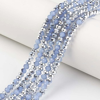 Electroplate Glass Beads Strands, Imitation Jade, Half Silver Plated, Faceted, Rondelle, Light Sky Blue, 6x5mm, Hole: 1mm, about 83~85pcs/strand, 38~39cm