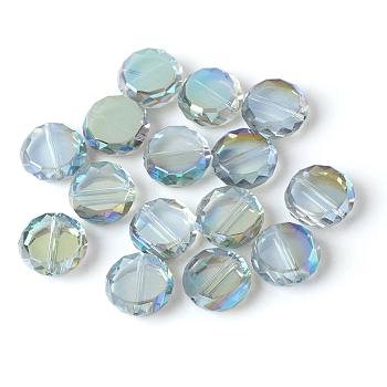 Electroplate Glass Beads, AB Color Plated, Faceted Flat Round, Aqua, 11.5x5mm, Hole: 1.2mm