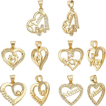 Nbeads 10Pcs 5 Style Brass Micro Pave Clear Cubic Zirconia Pendants, with Snap on Bails, for Mother's Day, Long-Lasting Plated, Heart with Word Mom, Real 18K Gold Plated, 2pcs/style