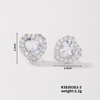 Chic Heart-shaped Stud Earrings with Delicate Diamonds, Platinum, Crystal, 10x10mm