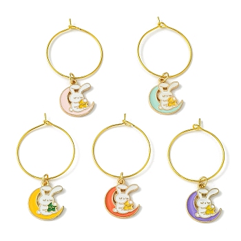 Alloy Enamel Wine Glass Charms, with Glass Beads and Brass Wine Glass Charm Rings, Rabbit with Moon, Mixed Color, 47mm