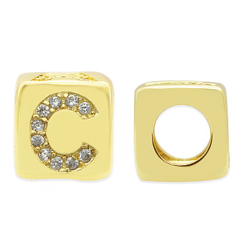 Brass Micro Pave Clear Cubic Zirconia European Beads, Cube with Letter, Letter.C, 8.5x8.5x8.5mm, Hole: 5mm, 3pcs/bag