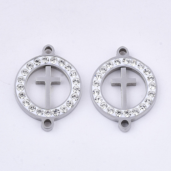 201 Stainless Steel Links connectors, with Polymer Clay Crystal Rhinestone, for Religion, Flat Round with Cross, Stainless Steel Color, 20x15x2.5mm, Hole: 1.6mm