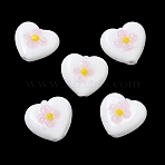 Handmade Lampwork Enamel Beads, Hand Painted Beads, Heart with Flower, White, 15x16.5x8~9mm, Hole: 1.4mm(LAMP-Z020-03A)
