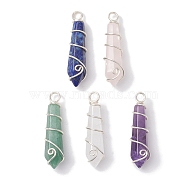 Natural Mixed Gemstone Pointed Pendants, Faceted Bullet Charms with Copper Wire Wrapped, Silver, 37~37.5x9.5~10x10mm, Hole: 3.5mm(PALLOY-JF02674-02)