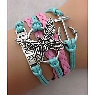 Suede & Imitation Leather Cord Knitted Multi-strand Bracelets, Alloy Link Adjustable Bracelets, Butterfly, 7-1/8 inch(18cm)(WGD6FE3-11)