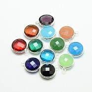 Silver Color Plated Brass Glass Pendants, Flat Round, Mixed Color, 12x9x5mm, Hole: 2mm(GLAA-J018A-S)