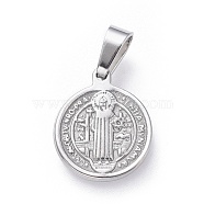 304 Stainless Steel Pendants, Religion, Flat Round with Saint Benedict, Stainless Steel Color, 15x12x1.5mm, Hole: 5x3mm(STAS-H458-36P-D)