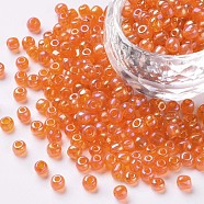 Round Glass Seed Beads, Transparent Colours Rainbow, Round, Orange Red, 4mm(SEED-A007-4mm-169B)