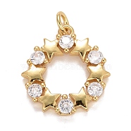 Cubic Zirconia Pendants, with Rack Plating Real 18K Gold Plated Brass Findings, with Jump Rings, Long-Lasting Plated, Lead Free & Cadmium Free, Star, Real 18K Gold Plated, 17.5x16x2mm, , Jump Ring: 4.6x0.8mm, 3mm Inner Diameter(KK-E275-19G)
