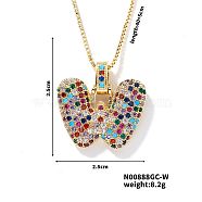 Brass Pave Colorful Cubic Zirconia Letter Pendant Box Chain Necklaces, Golden, Letter W, 15.75 inch(40cm)(NU0575-23)