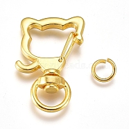 Alloy Swivel Lobster Clasps, with Iron Jump Rings, Cat Head, Golden, 35x22x6.5mm, Jump Ring: 8x1.2mm(X-KEYC-WH0016-37G)