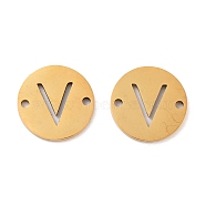 Vacuum Plating 201 Stainless Steel Hollow Flat Round Links, Letter Connector Charms, Real 18K Gold Plated, Letter V, 12x1mm, Hole: 1.2mm(FIND-R149-03V-G)