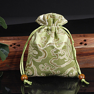 Chinese Style Flower Pattern Satin Jewelry Packing Pouches, Drawstring Gift Bags, Rectangle, Yellow Green, 14x11cm(PW-WG37271-17)