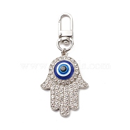 Zinc Alloy Rhinestone Pendant Decorations, Buddha Hand with Evil Eye Clip-on Charms, for Keychain, Purse, Backpack Ornament, Stitch Marker, Platinum, 88mm(HJEW-JM00705)