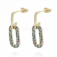 Brass Micro Pave Cubic Zirconia Dangle Stud Earrings, with Earring Backs, Nickel Free, Oval, Real 16K Gold Plated, Colorful, 31mm, Pin: 0.8mm(EJEW-S208-137A-NF)