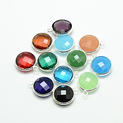 Silver Color Plated Brass Glass Pendants, Flat Round, Mixed Color, 12x9x5mm, Hole: 2mm(GLAA-J018A-S)