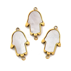 Ion Plating(IP) 304 Stainless Steel Pave Natural Shell Connector Charms, Real 18K Gold Plated, Hamsa Hand, 18x10x2mm, Hole: 1.2mm(STAS-Z100-03G-02)