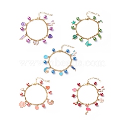 Alloy Enamel Charm Bracelets, with Glass Pearls Beads, 304 Stainless Steel Lobster Claw Clasps & Chains, Mixed Color, Pendants: 11~28x7.5~21x1.5~8mm, 7-1/2 inch(19cm)(BJEW-JB08707)