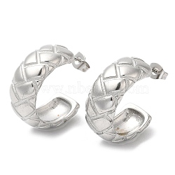 304 Stainless Steel Rhombus Pattern Stud Earrings, Half Hoop Earrings, Stainless Steel Color, 24x9.5mm(EJEW-B026-22P)