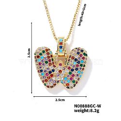 Brass Pave Colorful Cubic Zirconia Letter Pendant Box Chain Necklaces, Golden, Letter W, 15.75 inch(40cm)(NU0575-23)