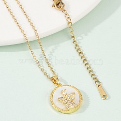 Flat Round with Bee Brass Micro Pave Cubic Zirconia Pendant Neckalces for Women, with 304 Stainless Steel Chain and Plastic Imitation Shell, Rack Plating, Ion Plating(IP), Real 18K Gold Plated, 15.59 inch(39.6cm)(NJEW-C076-12G)