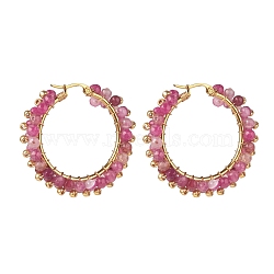 Natural Agate Beaded Hoop Earrings, 304 Stainless Steel Wire Wrap Jewelry for Women, Golden, Hot Pink, 43x43.5x9mm, Pin: 1.1x0.6mm(EJEW-JE04847-03)
