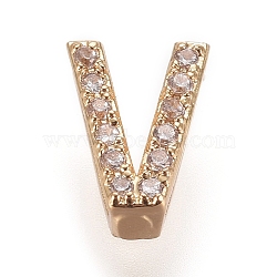 Golden Plated Brass Micro Pave Cubic Zirconia Slide Charms, Letter, Clear, Letter.V, 7~7.5x1.5~6.5x3mm, Hole: 6x1mm(ZIRC-L075-61V-G)