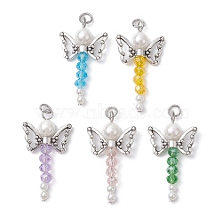 Glass & Shell Pearl Bead Pendants, with Tibetan Style Butterfly Alloy Beads, 304 Stainless Steel Jump Rings, Angle Charms, Mixed Color, 33~33.5x18x6mm, Hole: 3.4mm(PALLOY-JF02555)