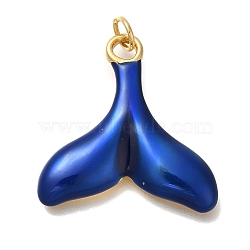 Rack Plating Brass Enamel Pendants, with Jump Ring, Cadmium Free & Lead Free, Long-Lasting Plated, Real 18K Gold Plated, Fishtail Charm, Blue, 25x24.5x3mm, Hole: 3mm(KK-I720-24G-02)