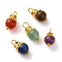 Mixed Stone Links Connectors, with Golden Tone Iron Bead Caps and Brass Ball Head pins, Round, 13~14mmx6mm, Hole: 1.5~2mm(PALLOY-JF00581)