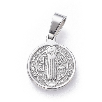 304 Stainless Steel Pendants, Religion, Flat Round with Saint Benedict, Stainless Steel Color, 15x12x1.5mm, Hole: 5x3mm